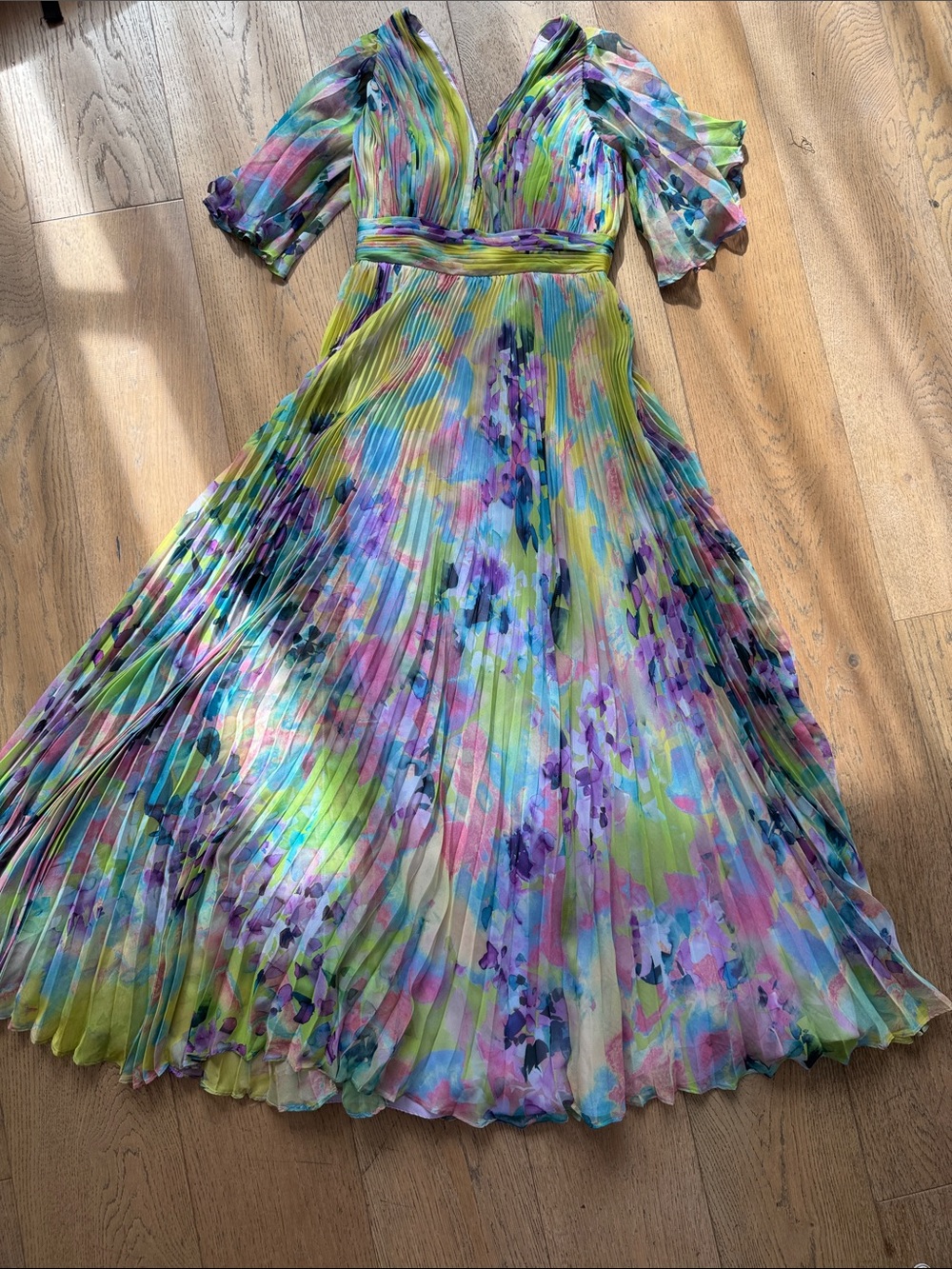 Jovani floral chiffon evening dress deep V-neck, pleated skirt flutter sleeves